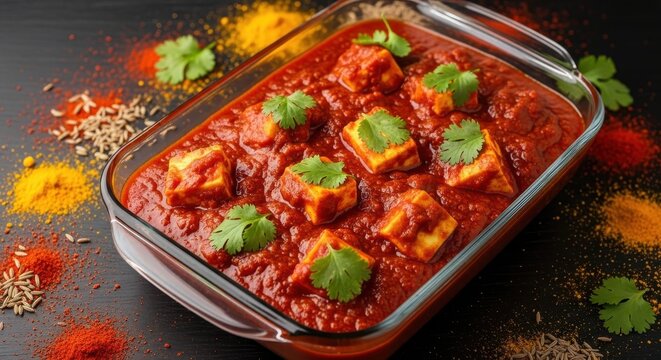 Paneer butter masala in a glass dish with spices