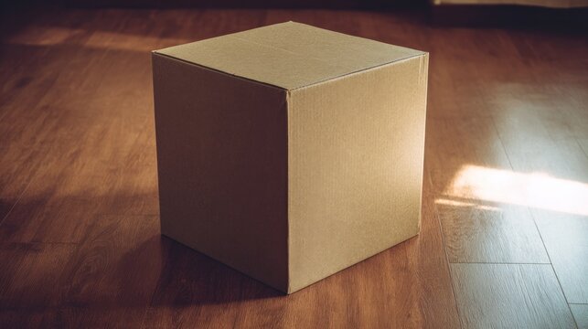 A brown box is placed on a wooden floor with daylight coming from above it in a studio setting