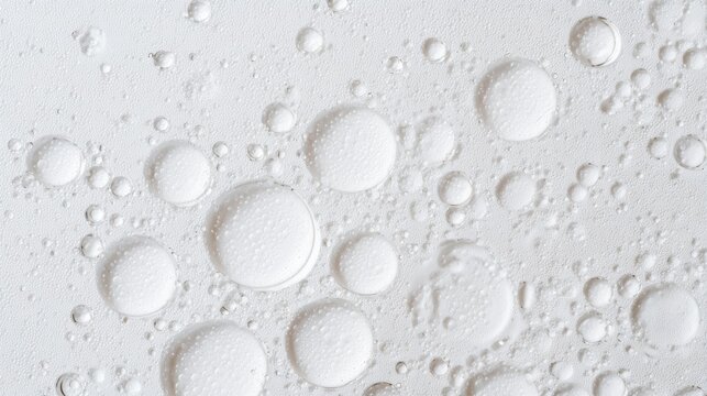 Water bubbles form in white oil on a white background, creating a simple and clean look
