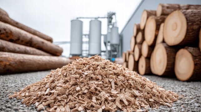 Pile of wood chips with logs and a factory in the background.