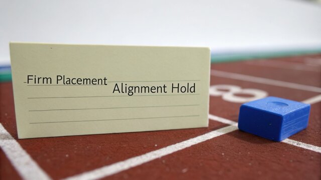 Note Card and Blue Block on Running Track for Firm Placement and Alignment Hold in Sports Practice and Training Activities