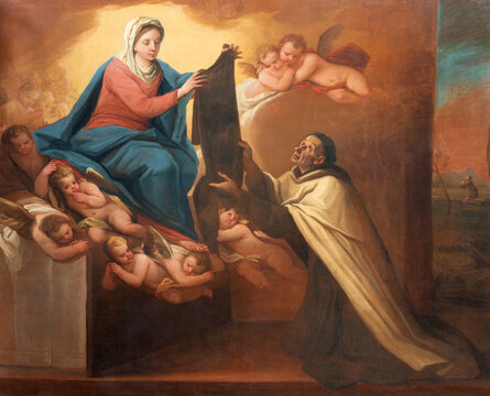 BERGAMO, ITALY - MARCH 18, 2026: The the painting of Madonna with the St. Simon Stock in the church Chiesa di San Leonardo by unknown artist