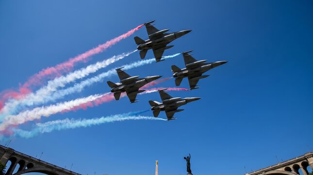Fighter jets in formation with colored smoke trails flying over city landmarks against clear blue sky