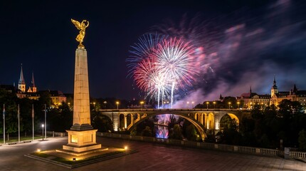 Golden Lady Gelle Fra monument and Adolphe Bridge at night with fireworks in Luxembourg City