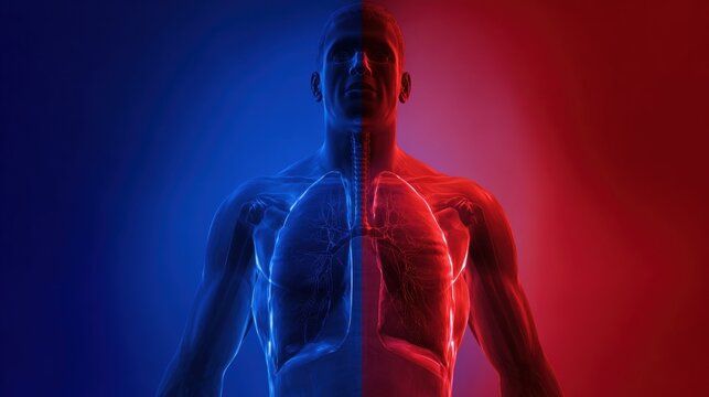 Translucent human body highlights lungs affected by asthma in contrasting blue and red colors