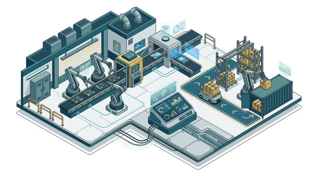 Futuristic automated factory with robotic arms, conveyor belts, and a delivery drone, showcasing advanced industrial technology and logistics in a modern manufacturing environment