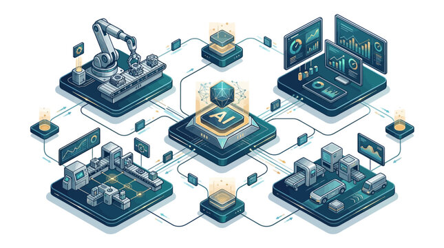 Abstract representation of artificial intelligence connecting various industries and data analysis for modern business solutions