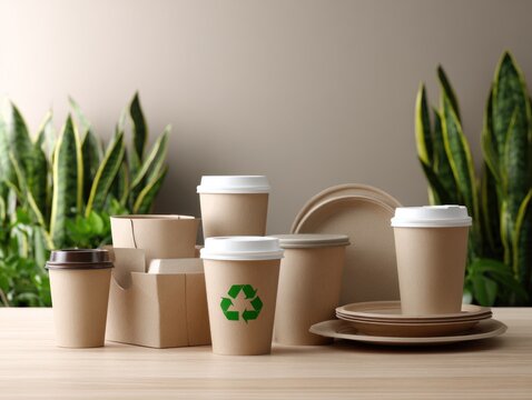 Array of eco-friendly food items shows recyclable packaging on wooden surface near green plants