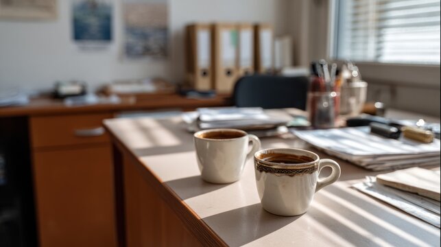 Two half-full espresso cups rest on a desk in a sunny Italian accounting office