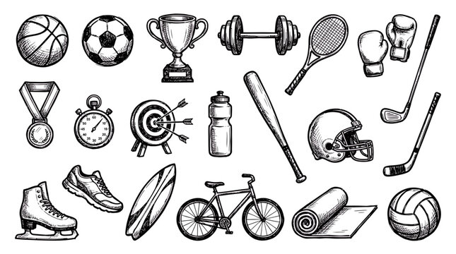 Hand drawn sports equipment collection featuring balls trophies and fitness gear sketches isolated on white, providing diverse icons for athletic branding and representing active lifestyles