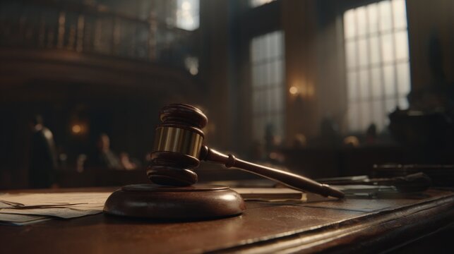 A wooden judge gavel sits on a desk in a courtroom while family and lawyer talk in the background