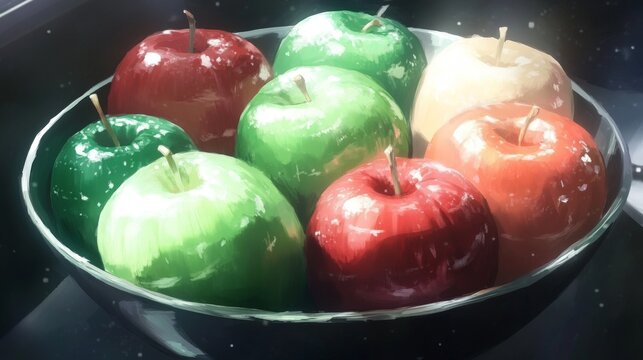 Still life illustration of glossy wax apples in red, green, and pale yellow colors arranged in a dark bowl with a painterly texture and sparkling highlights on a dark background.