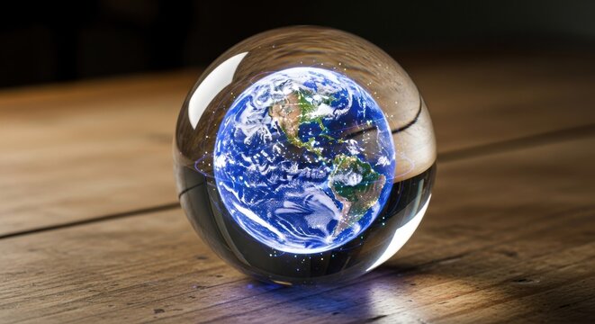 Illuminated earth globe encased in clear crystal on a wooden surface