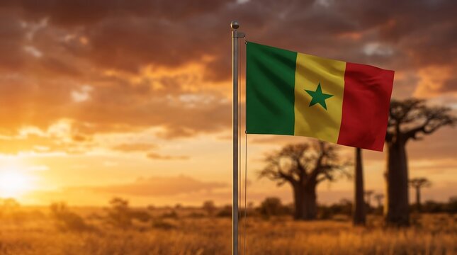 Senegal national flag on flagpole in African savanna landscape with Baobab trees at orange sunset