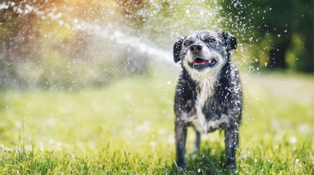 Pet dog playing outdoors, getting wet and refreshed from splashing water droplets on vibrant green grass during warm weather
