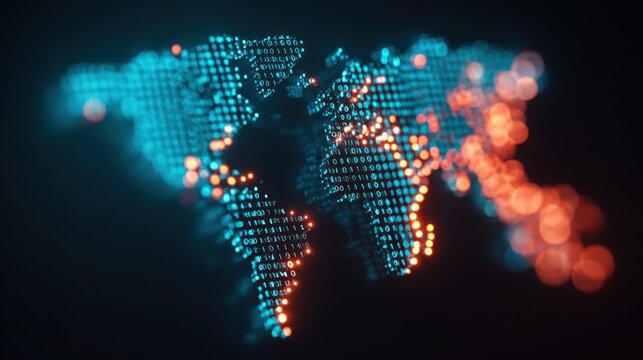 Digital world map composed of binary code and glowing lights on a dark background