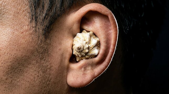 Close up of a sea shell inside a human ear symbolizing listening to nature