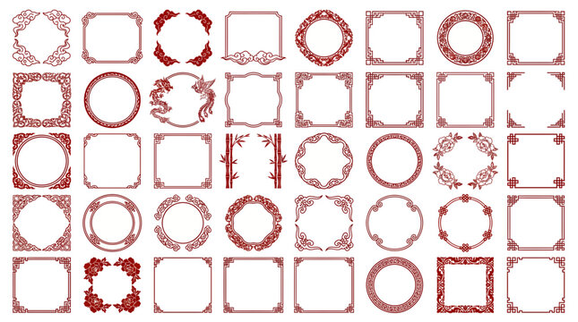 Collection of traditional red Chinese decorative frames with dragon phoenix and floral patterns on white background, symbolizing oriental holiday invitations and cultural branding projects