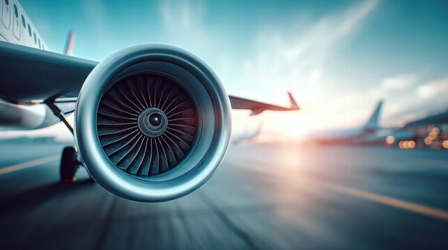 Close-up of an airplane engine on the runway at sunset.