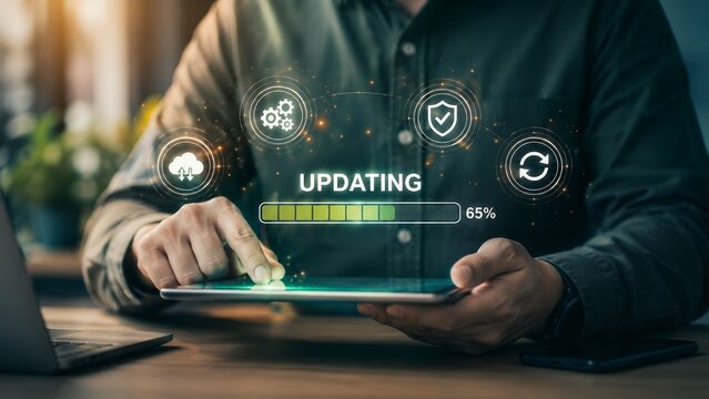 Software Update Progress Interface on Digital Tablet with Stylus &ndash; Cybersecurity, System Maintenance and Cloud Technology Concept