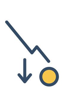 Minimalist icon of a downward sloping line graph with a coin symbol and arrow on a white background, financial loss and economic downturn concept
