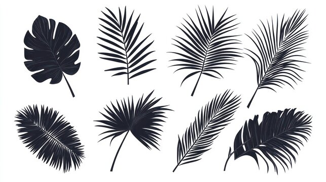 A set of nine black and white tropical palm leaves silhouettes on a white background.