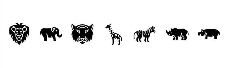 Wild Animals set with Lion, Elephant, Tiger, Giraffe, Zebra, Rhino, and Hippo for safari and wildlife visuals. © Dewi Sari