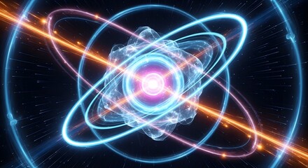 Obraz premium Glowing Neon Atom Structure in Space with Orbits and Light Trails