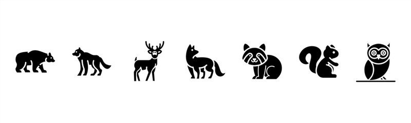 Fototapeta premium Forest Animals set with Bear, Wolf, Deer, Fox, Raccoon, Squirrel, and Owl for wildlife and nature visuals.