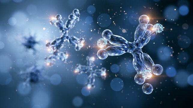 Advanced biopharmaceutical 3D illustration of Y-shaped antibody molecules with luminous molecular payloads