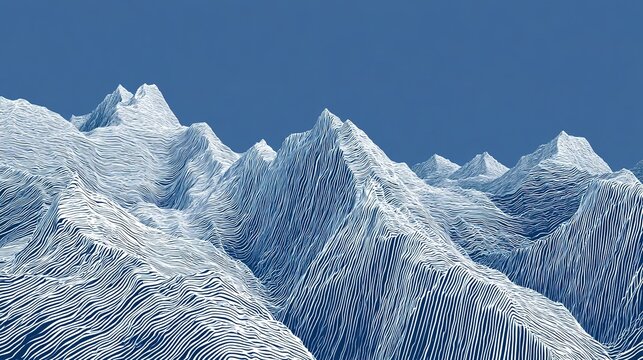 Abstract topographic landscape graphic with undulating parallel white contour lines forming layered mountain ridges and slopes on solid deep blue upper sky field