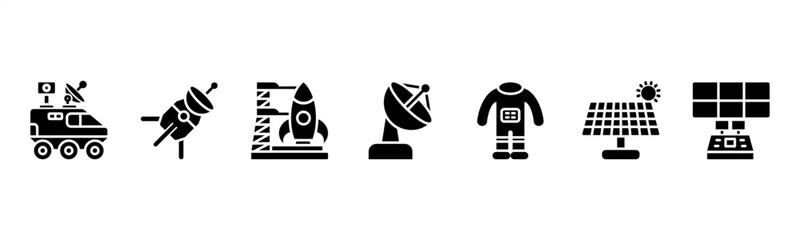 Space Technology set featuring Rover, Space Probe, Launch Pad, Satellite Dish, Space Suit, Solar Panel, Control Center for space engineering visuals. © Dewi Sari