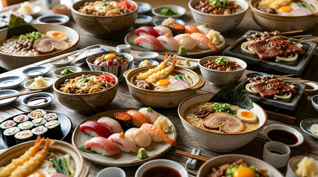 Full screen of Japanese food variety in heavy portion, mainly for family sharing served on a table