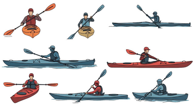 People kayaking on water with oars in various positions and colors outdoors