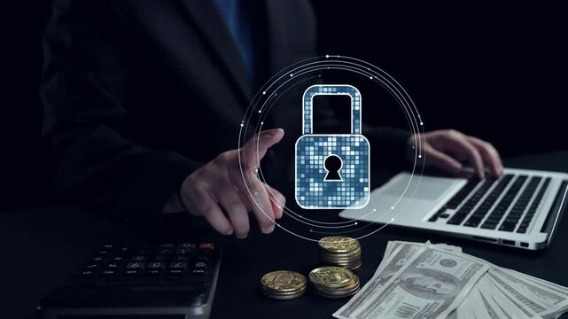 This image showcases the concept of data protection featuring a digital lock symbol, coins, and cash, representing modern cybersecurity importance in finance and business. Qubit