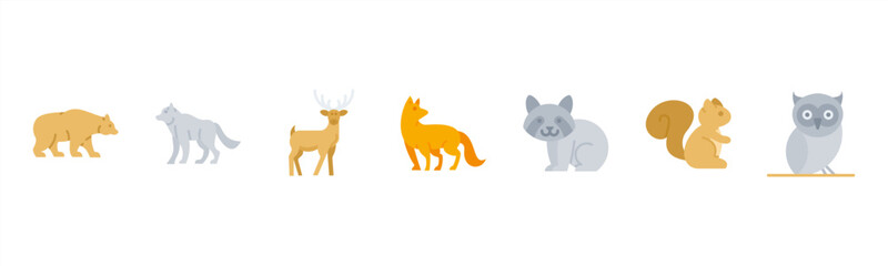 Fototapeta premium Forest Animals set with Bear, Wolf, Deer, Fox, Raccoon, Squirrel, and Owl for wildlife and nature visuals.