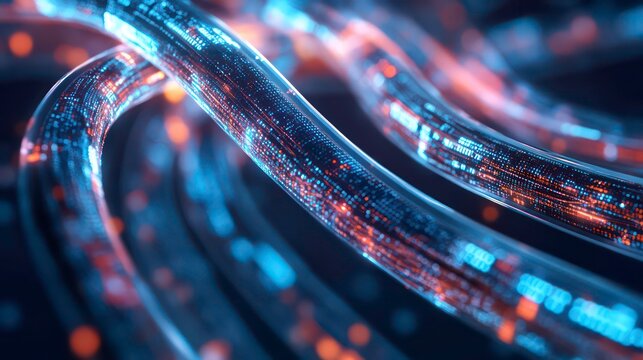 Abstract glowing digital data cables with binary code.