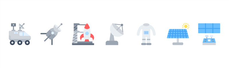 Space Technology set featuring Rover, Space Probe, Launch Pad, Satellite Dish, Space Suit, Solar Panel, Control Center for space engineering visuals. © Dewi Sari