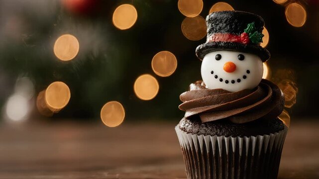 vanilla cupcake with snowman topper placed on the left side of the frame, cozy Christmas background with soft golden fairy lights and pine branches