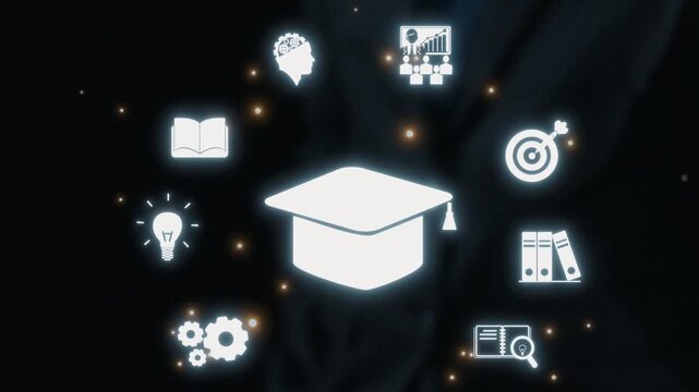 This image features a graduate cap at the center, surrounded by various icons that represent concepts of education, success, and innovation, perfect for academic themes. Qubit