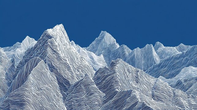 Abstract topographic landscape graphic with undulating parallel white contour lines forming layered mountain ridges and slopes on solid deep blue upper sky field