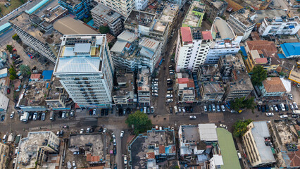 Fototapeta premium Aerial view of Dar es Salaam highlighting cityscape, business growth, and modern architectural development.