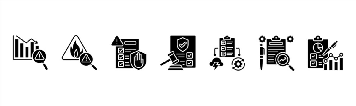 Risk Management icon set includes Risk Assessment, Hazard Identification, Prevention Plan, Compliance, Contingency Plan, Audit, and Reporting for business security.