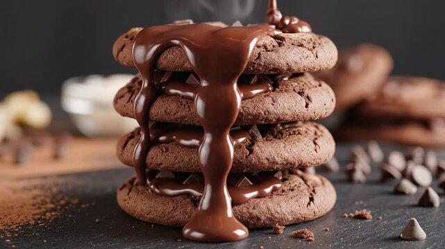 Stack Of Irresistible Chocolate Cookies With Melted Chocolate Glaze And Chocolate Chips On Rustic Wooden Table