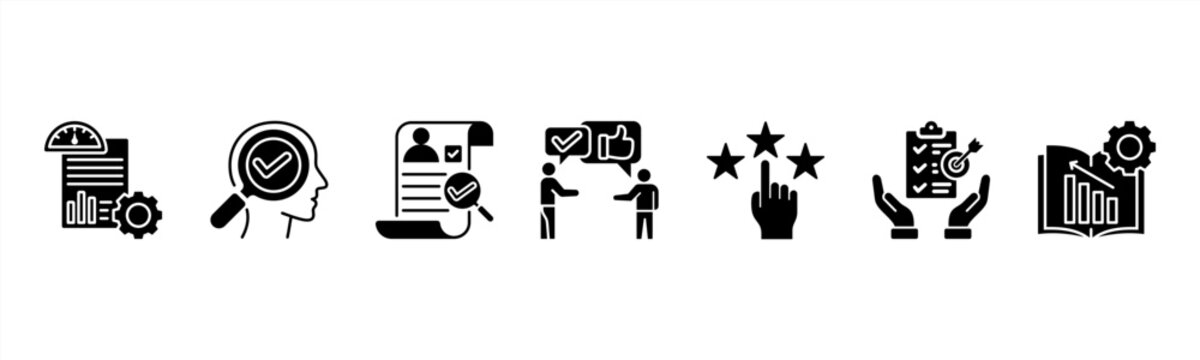 Performance Appraisal Management icon set includes KPI Setting, Self Evaluation, Peer Review, Manager Feedback, Rating, Goal Review, and Development Plan for effective performance assessment.