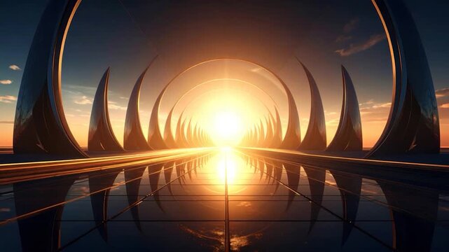 Futuristic pathway to light, flanked by repeating structures, bathed in golden light