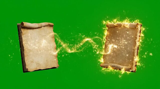 Two Ancient Magical Scrolls Opening with Glowing Light and Sparkling Particles on Green Screen Background for VFX and Media Production