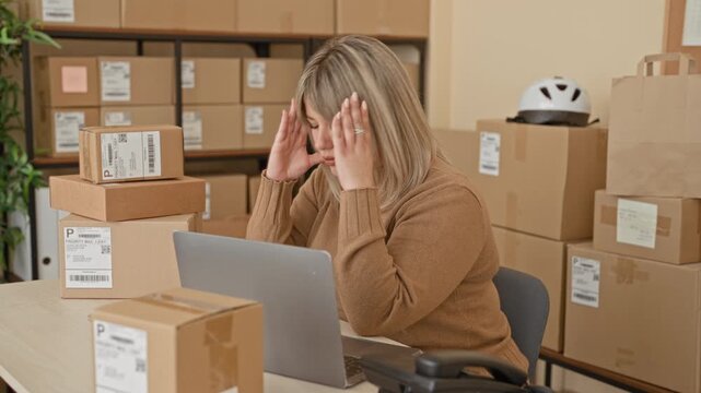 Woman rubbing temples at laptop among stacked parcels with shipping labels and phone in a studio; stressed small business owner.