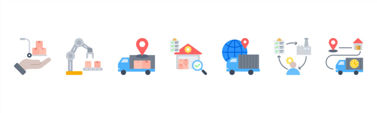 Supply Chain Management icon set includes Procurement, Production, Distribution, Inventory, Logistics, Supplier Management, and Tracking for seamless supply chain operations.