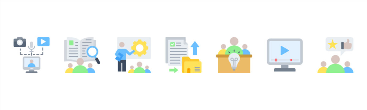 Knowledge Sharing Management icon set includes Content Creation, Internal Wiki, Training Sessions, Document Sharing, Expert Panels, Video Tutorials, and Feedback for enhanced learning.